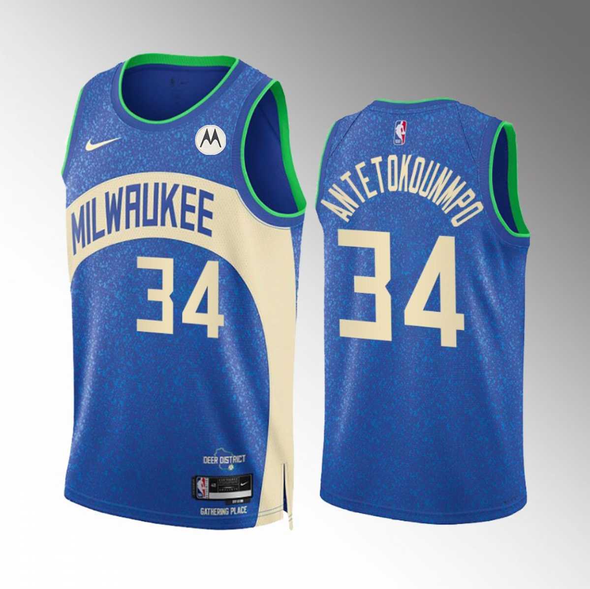 Mens Milwaukee Bucks #34 Giannis Antetokounmpo Blue 2023-24 City Edition Stitched Basketball Jersey Dzhi